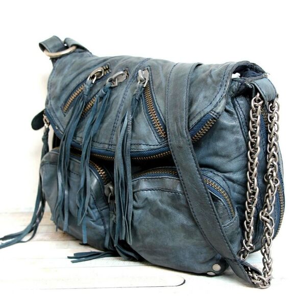 TARNISH BLUE GENUINE LEATHER TASSEL CHAIN EXPAND CROSSBODY SHOULDER BAG HANDBAG - Picture 5 of 11